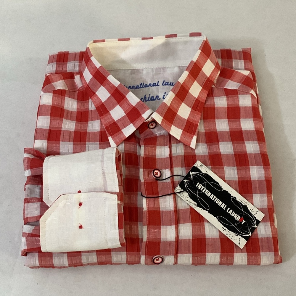INTERNATIONAL LAUNDRY Button Down Plaid Shirt, Linen-Cotton, Sz. L/NWT